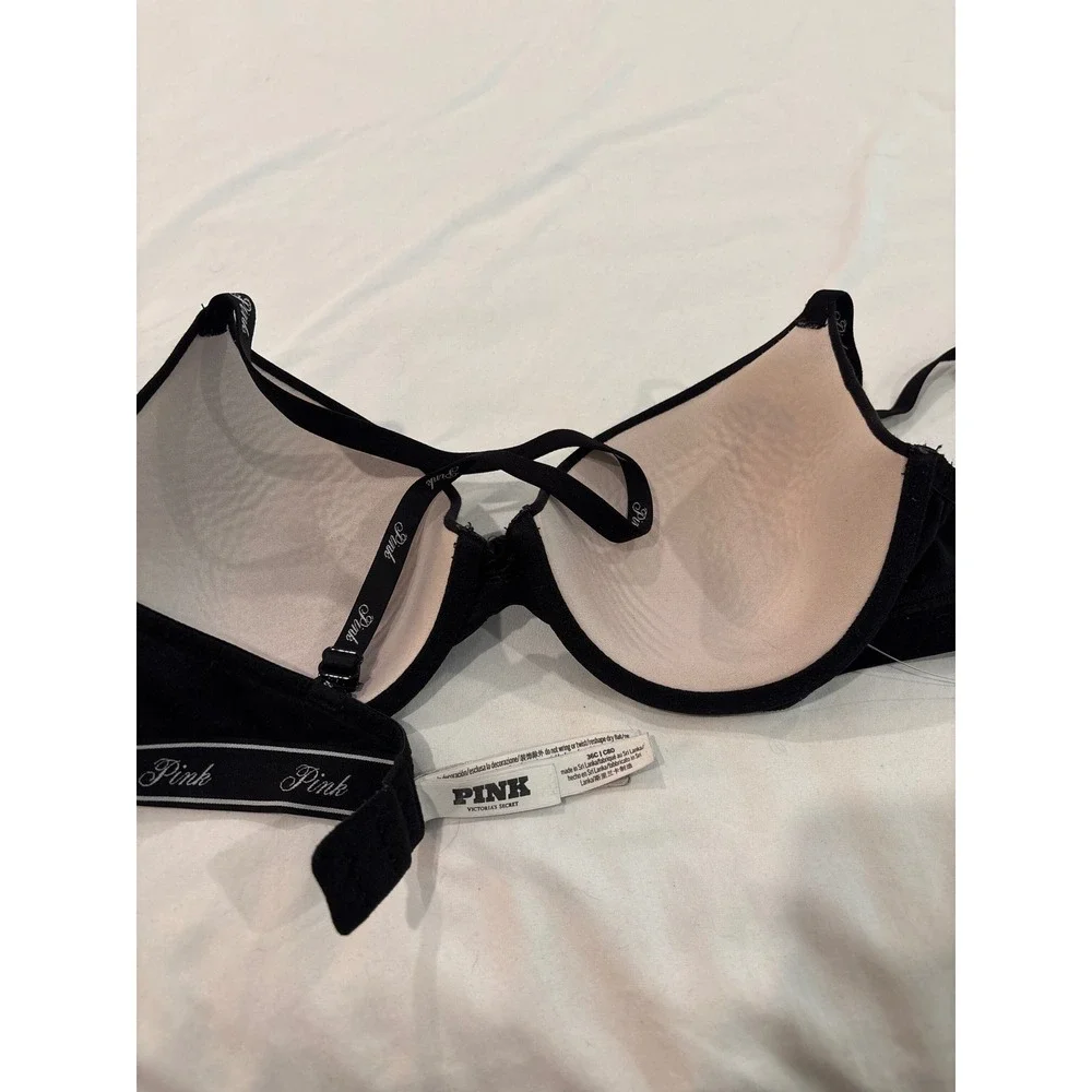 Victoria's Secret PINK‎ Wear Everywhere Push-Up Bra Black Logo Straps 36C